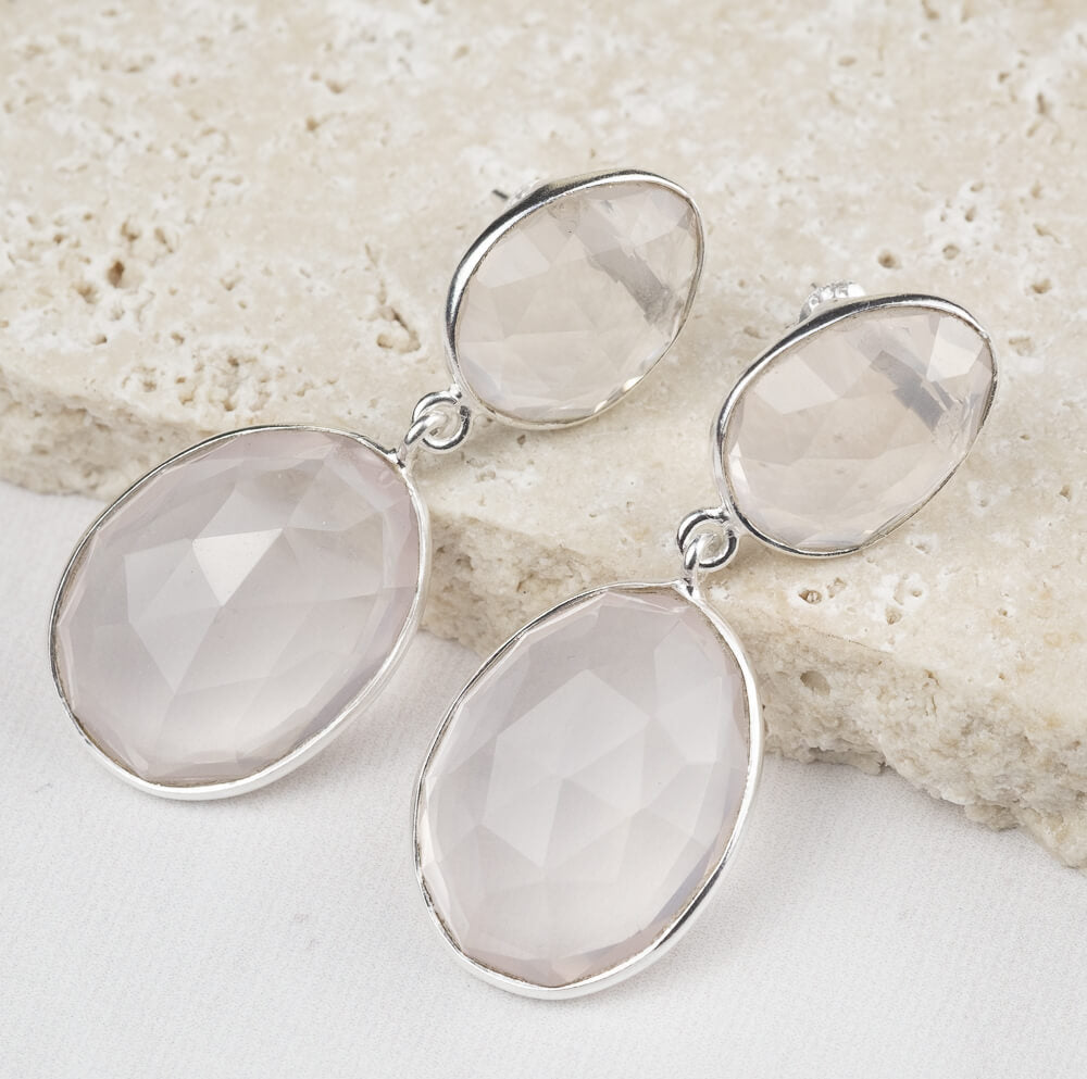 rose quartz earrings oval drop