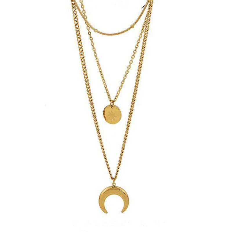 gold triple chain layering necklace with moon and star charms