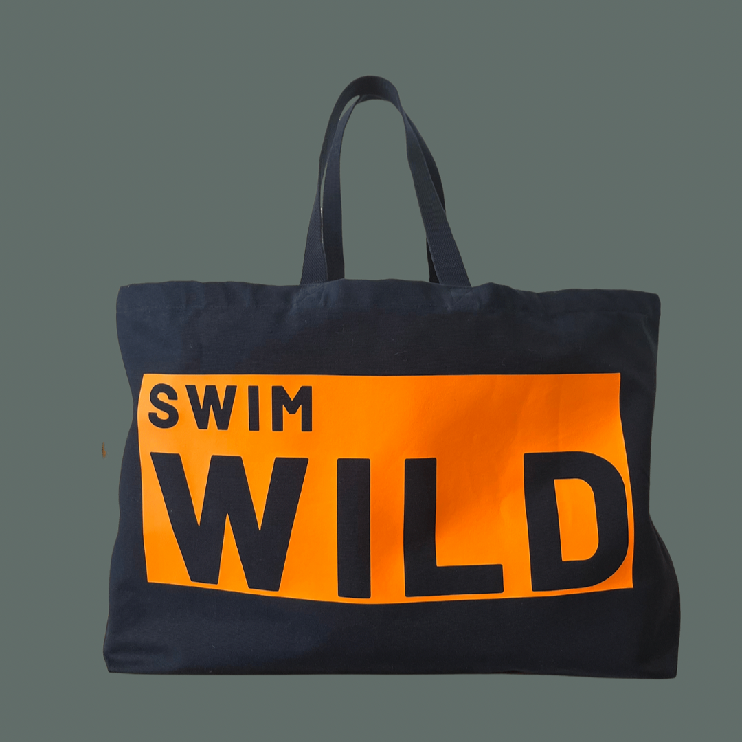 Extra large tote bag with Swim Wild printed in blue/orange