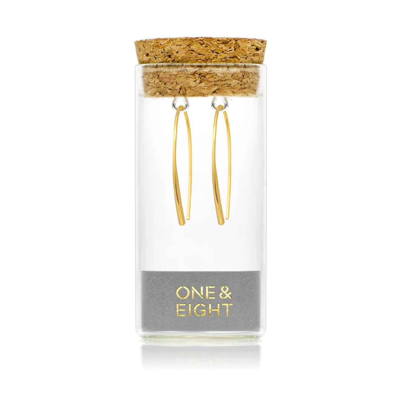 1 & 8 Gold Maya Earrings in glass bottle with cork lid
