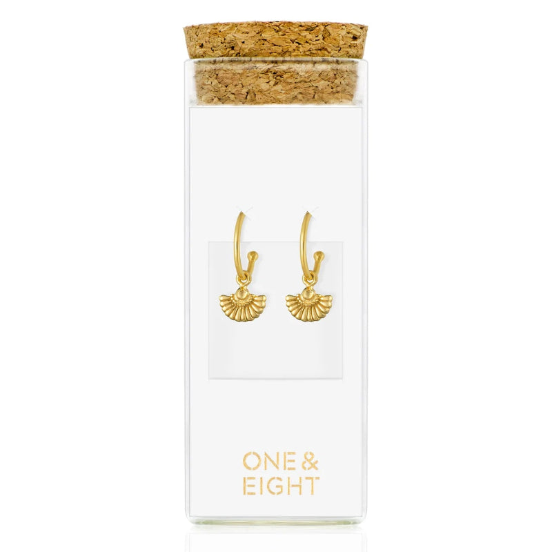 1 & 8 Gold Angel Earrings on glass cork bottle