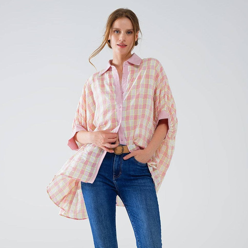 oversized womens shirt in pink and cream check and short sleeves