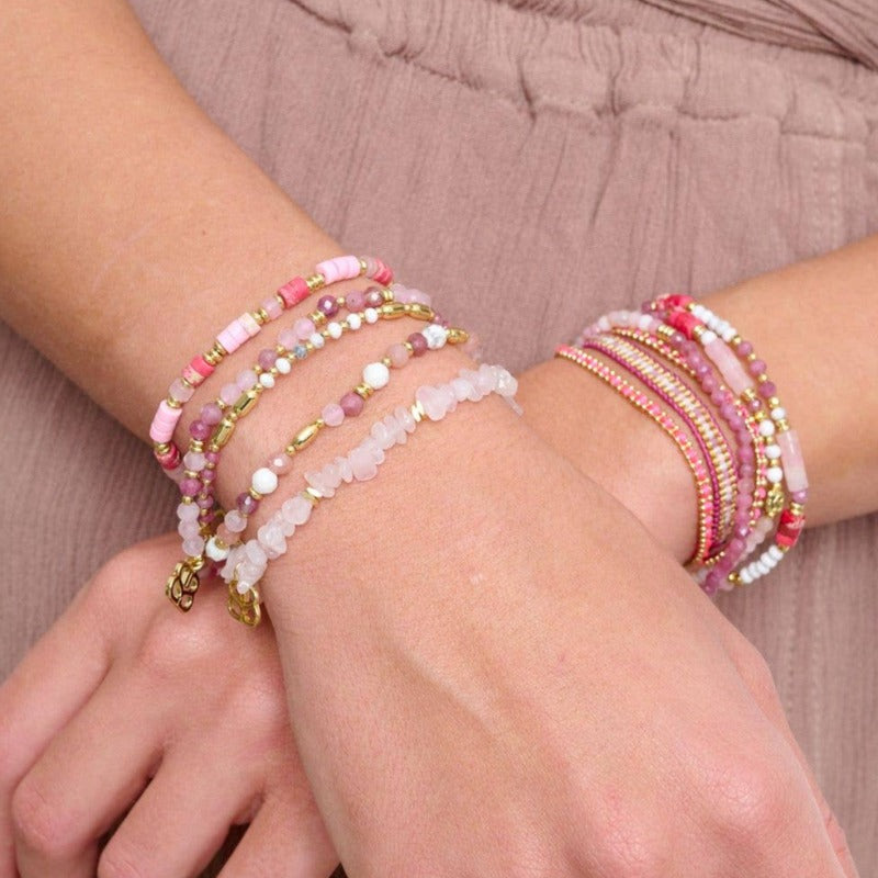 Boho Betty Dash Pink Gemstone Stretch Bracelet on model