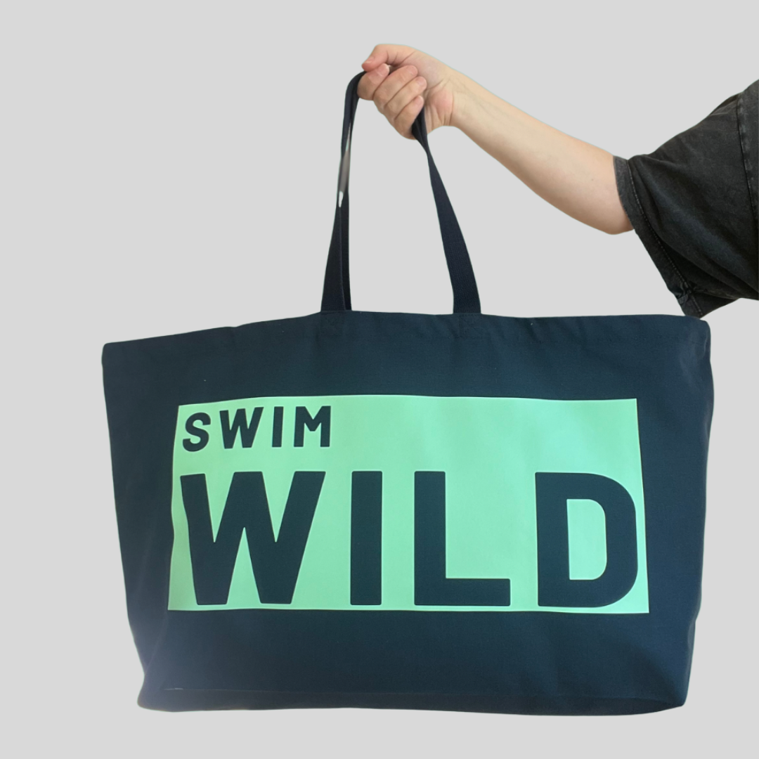 Swim Wild extra large tote bag in turquoise and blue