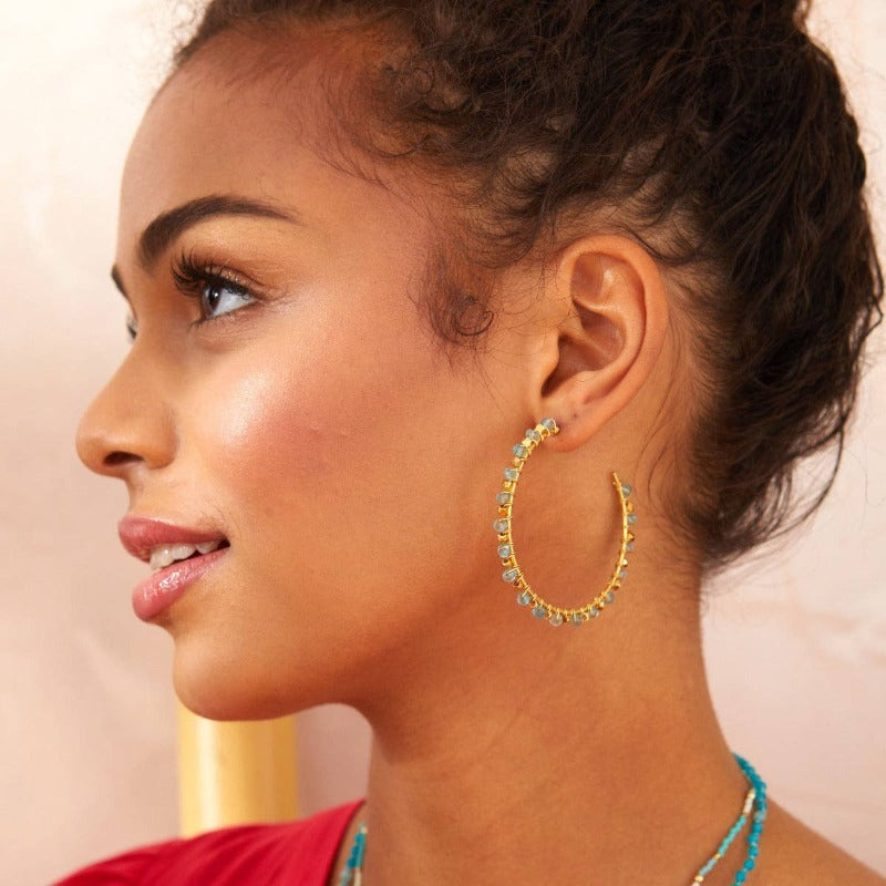 Ashiana Riva Hoop Aquamarine Earrings on model