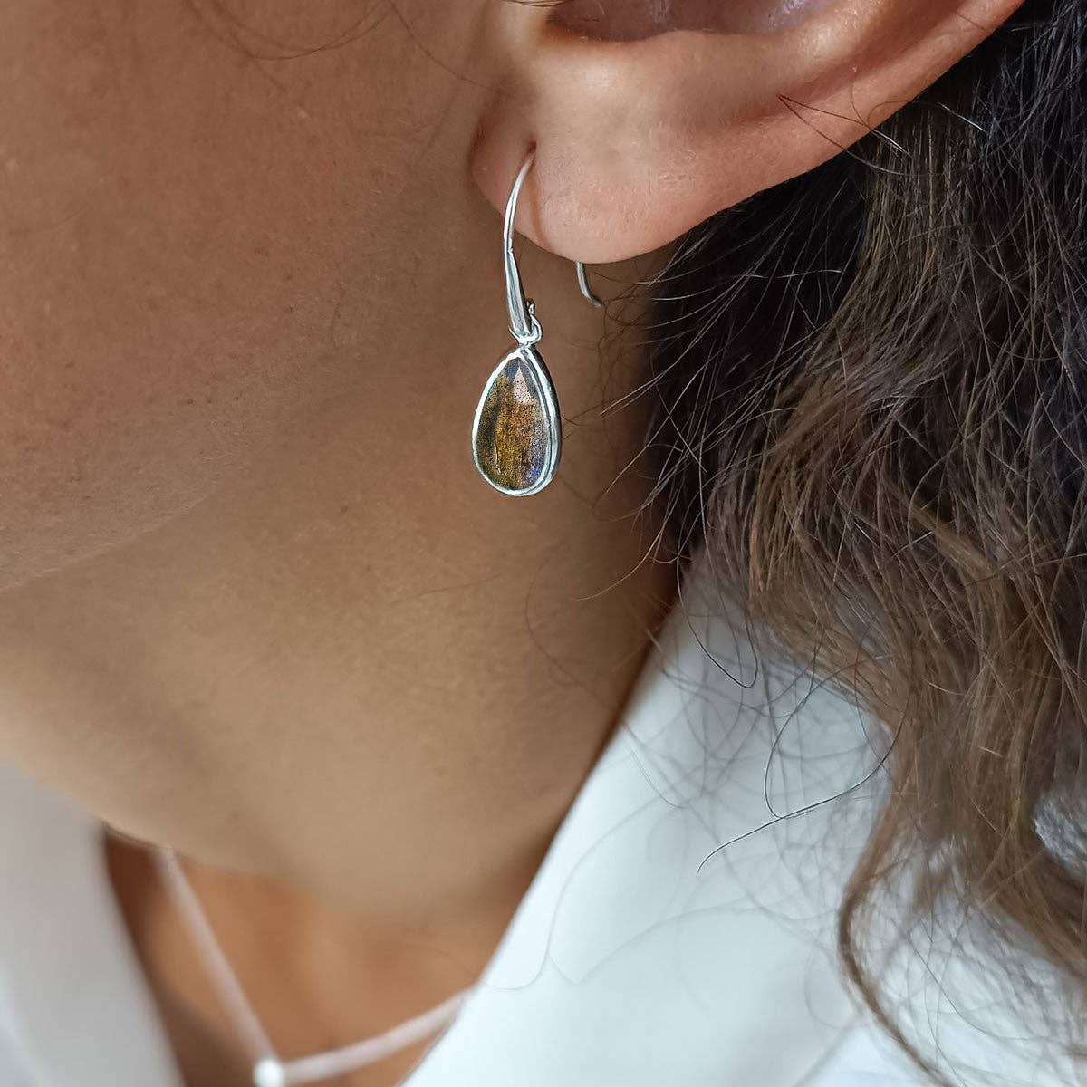 Simi Teardrop Gemstone Earrings: Silver: Labradorite