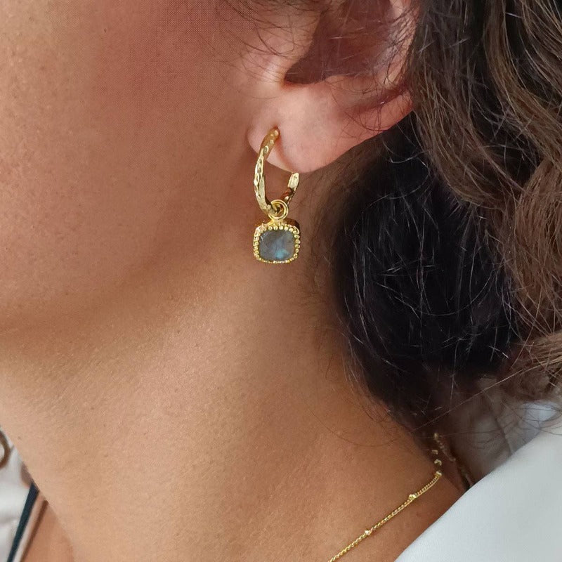 AZUNI TETRA EARRINGS GOLD HOOPS WITH SQUARE GEMSTONE DROP