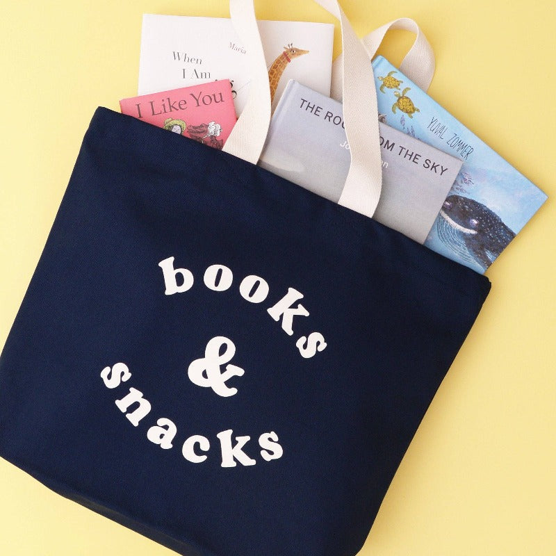 books & snacks tote bag in blue canvas