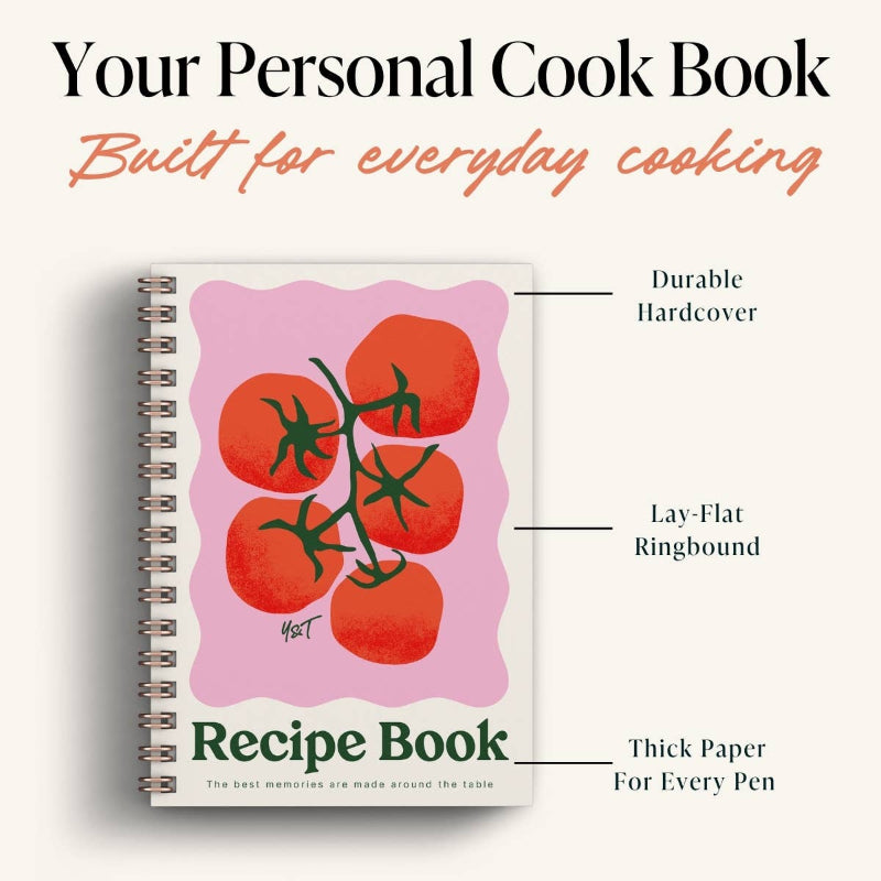 Recipe book with tomato design on cover and text highlighting features