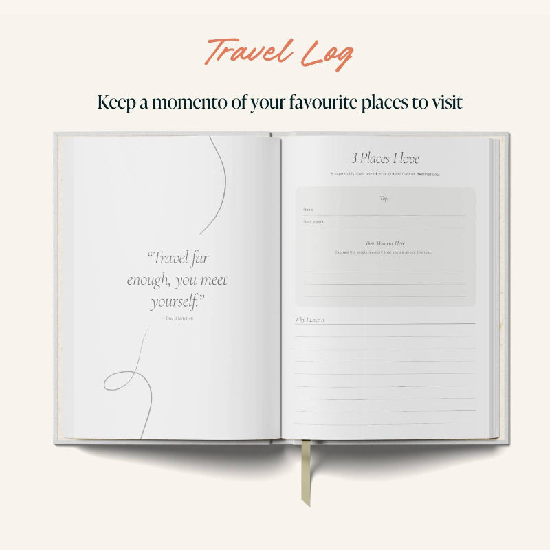 Open travel log book with prompts for keeping a record of favorite places to visit.