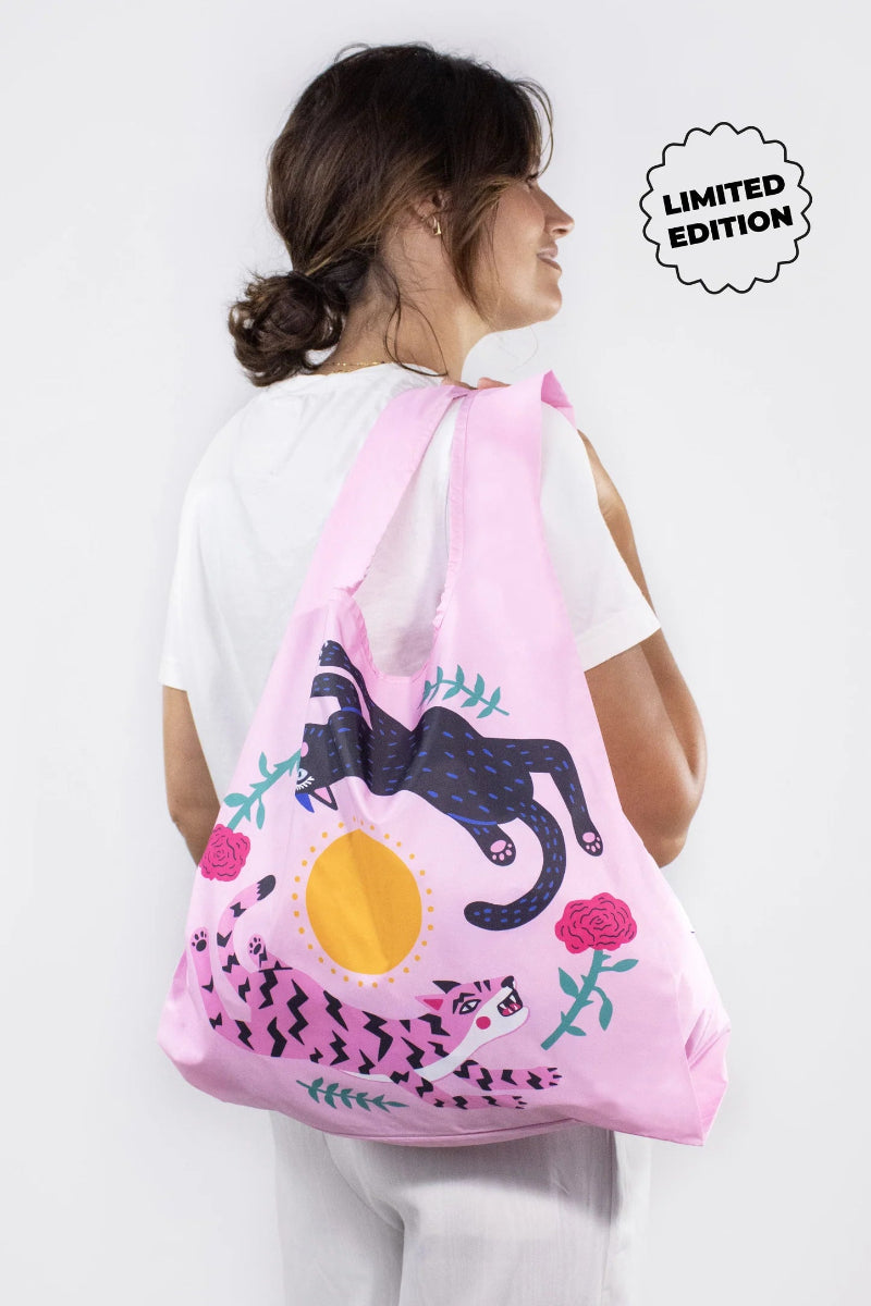 kind bag Amy Hastings | Leaping Cats Reusable Shopper over shoulder