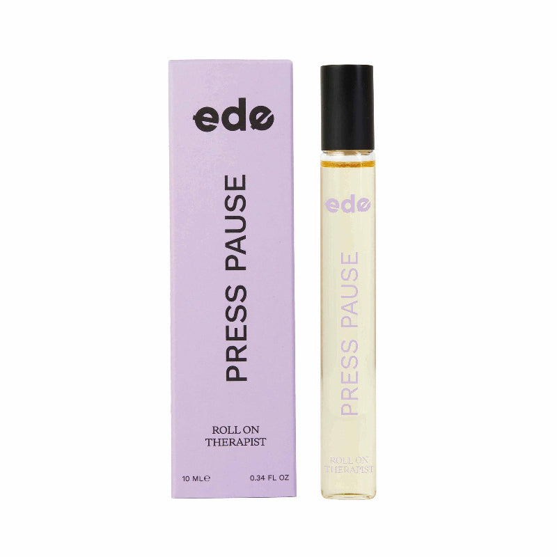 Ede 'Press Pause' roll-on therapist product with packaging on a white background