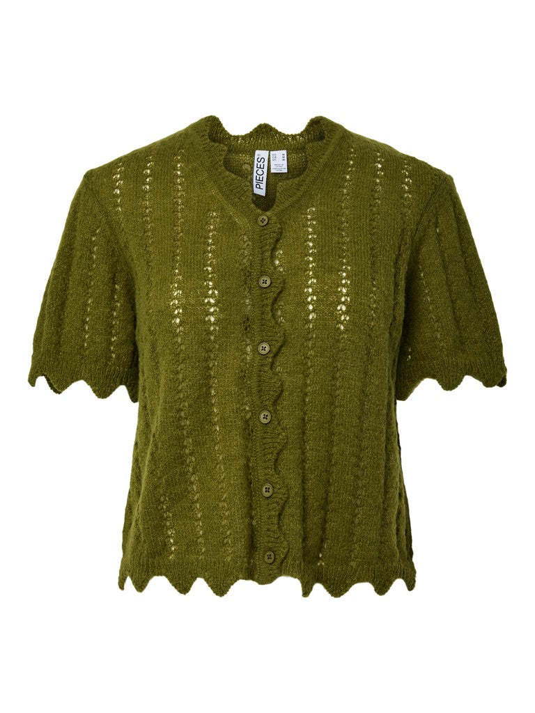 An olive green short-sleeve knit cardigan with a scalloped edge and button-front closure, shown flat against a white background.