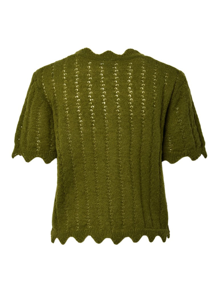 An olive green short-sleeve knit top with a textured vertical openwork pattern and scalloped edges, shown against a plain white background.
