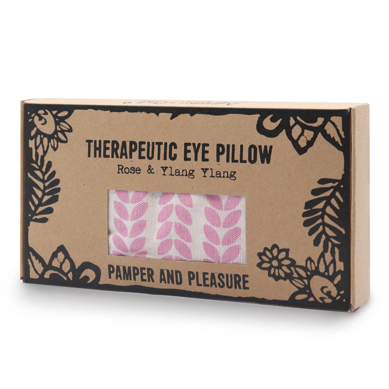 Boxed therapeutic eye pillow with pink pattern on a white background