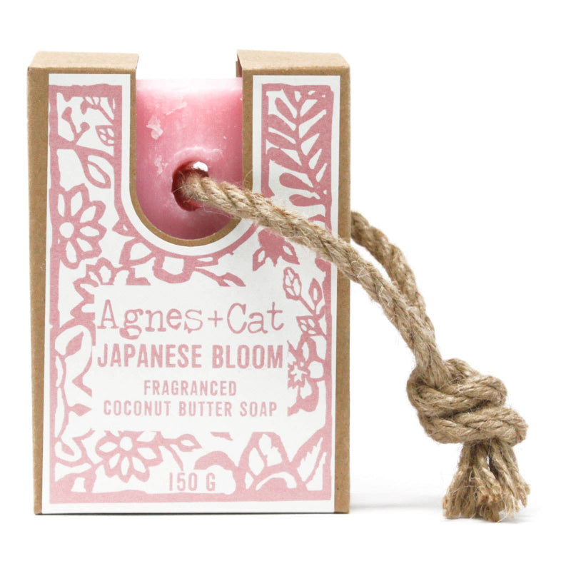 Agnes + Cat Japanese Bloom fragranced coconut butter soap on a rope with packaging.