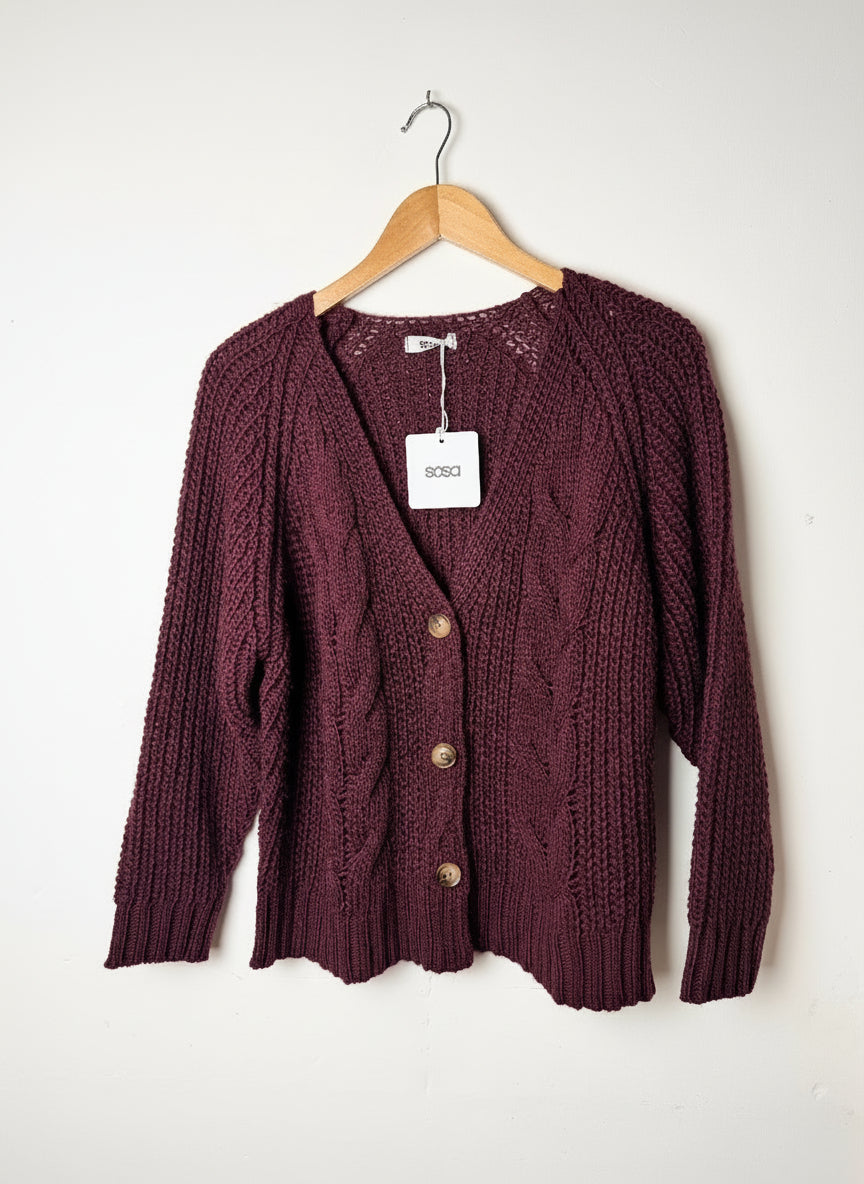 Alpaca Chunky Cable Knit Cardigan Claret
