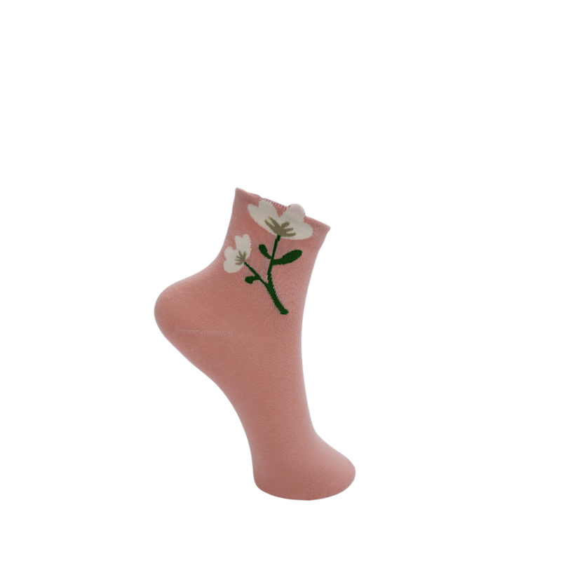 Pink ankle sock with floral design on a white background