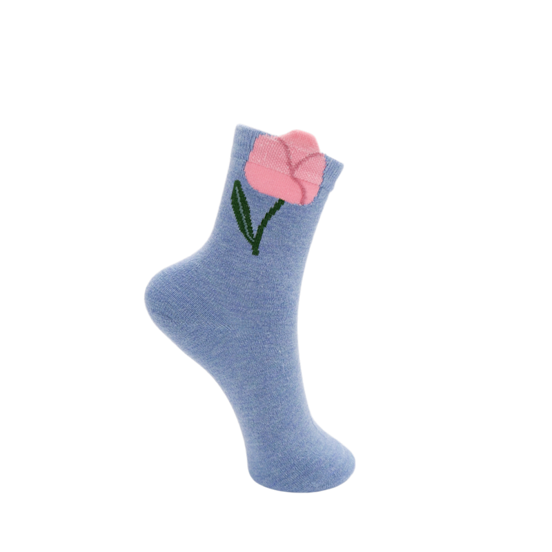 Blue sock with a pink flower design on a white background