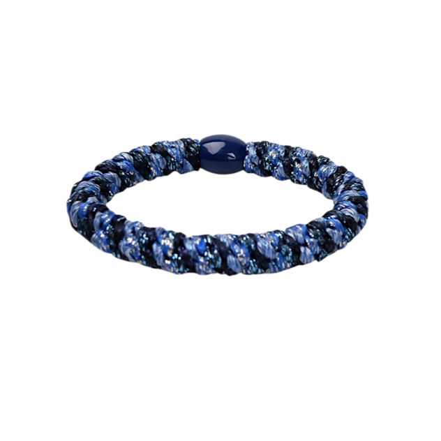 Blue beaded bracelet on a white background