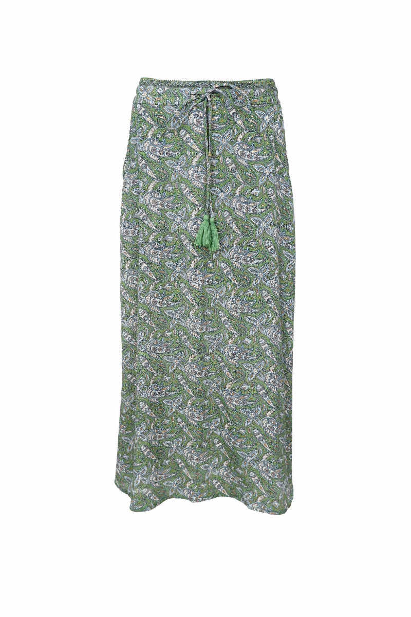Green patterned skirt with a drawstring on a white background