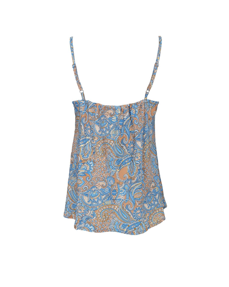 Patterned top with thin straps on a white background