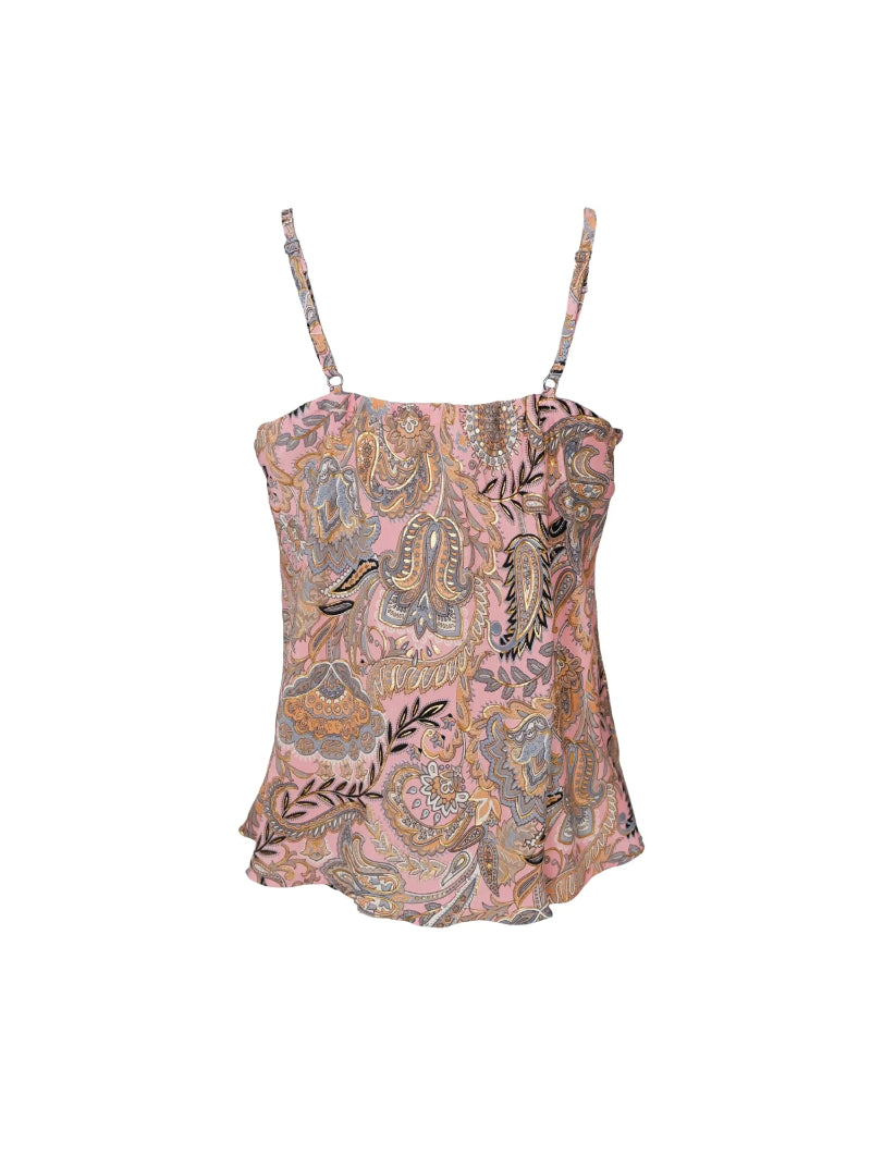 Patterned vest top with thin straps on a white background