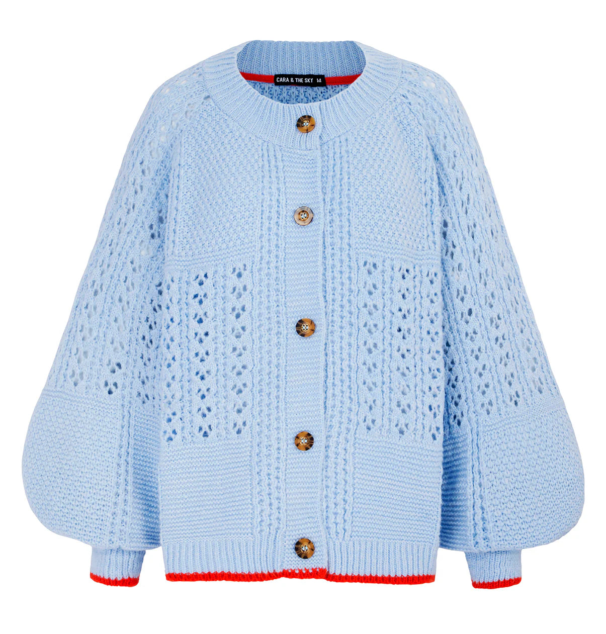 Light blue knitted cardigan with button details on a white background