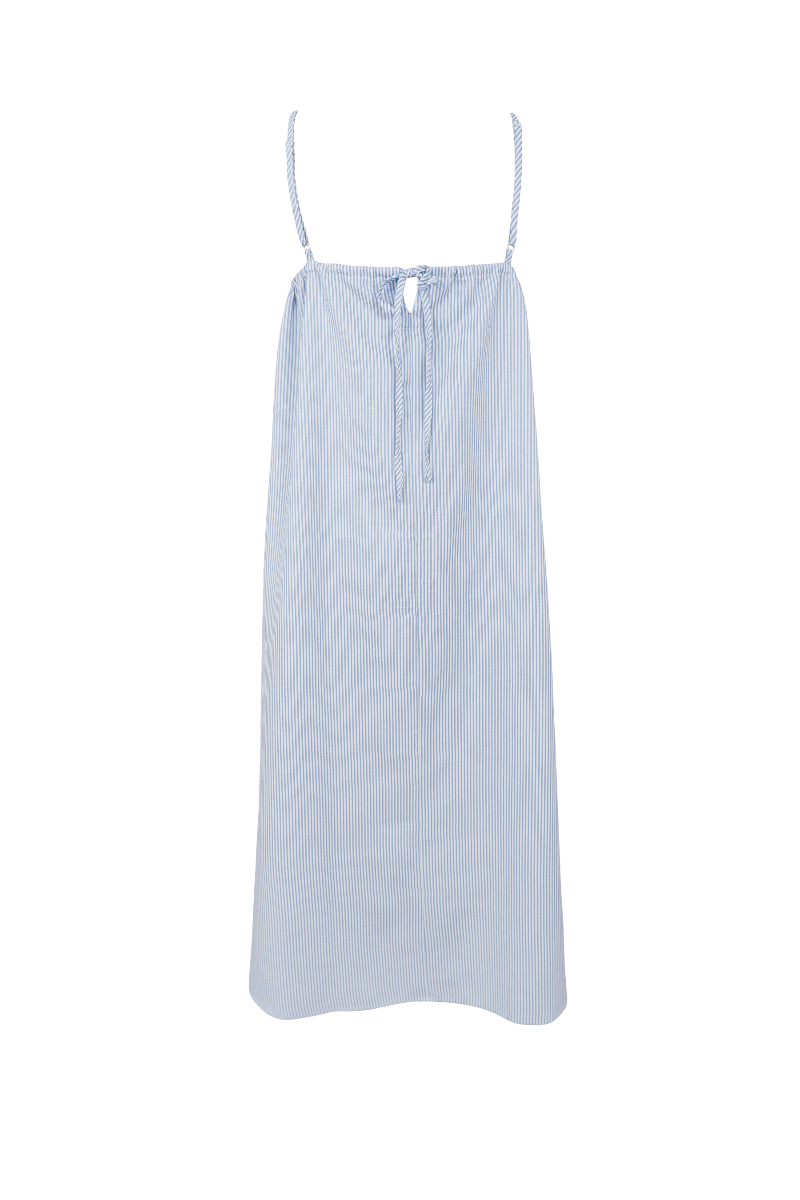 Light blue striped dress with thin straps on a white background