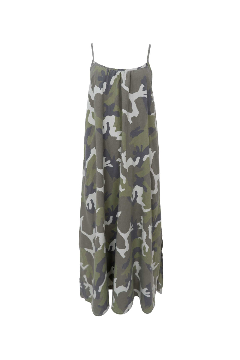 A sleeveless camouflage print maxi dress with thin spaghetti straps, displayed against a solid white background.