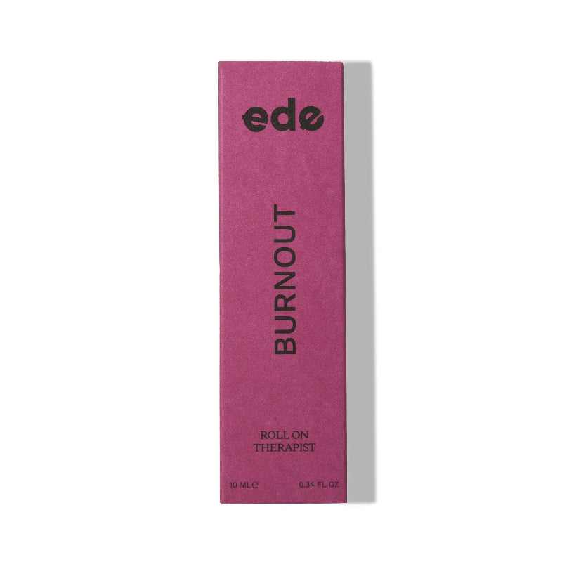 Pink packaging of 'ede Burnout' roll on therapist on a white background