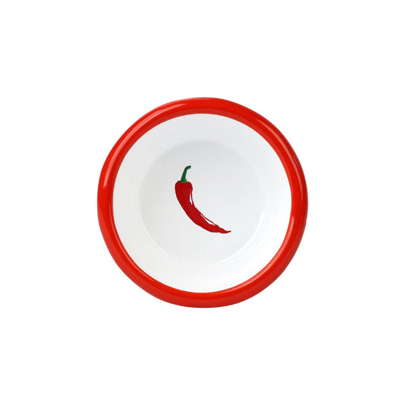 Small white bowl with red rim and red chili pepper design on a white background
