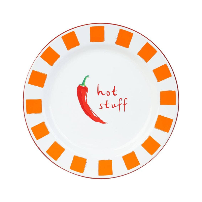 White plate with orange border, red chili pepper graphic, and 'hot stuff' text on a white background