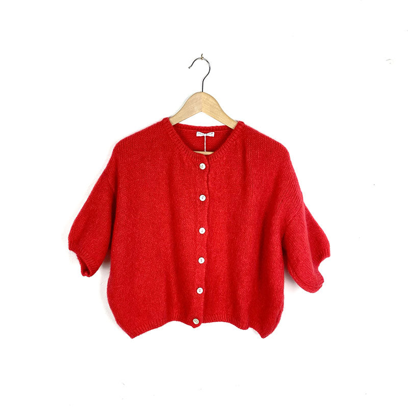 Short Sleeve Cropped Mohair Cardigan RED