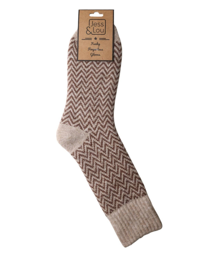 Brown and beige patterned sock with packaging on a white background