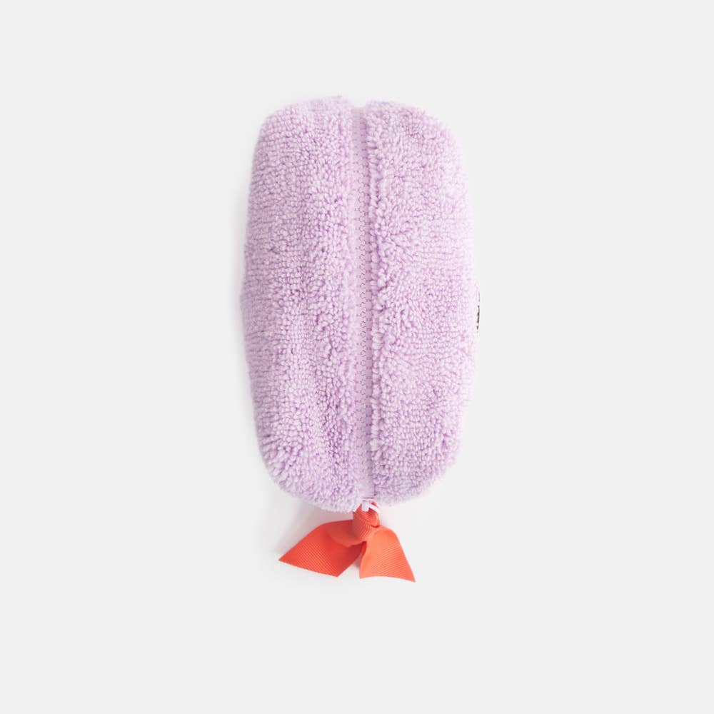 Purple microfiber dusting mitt with orange end on a white background