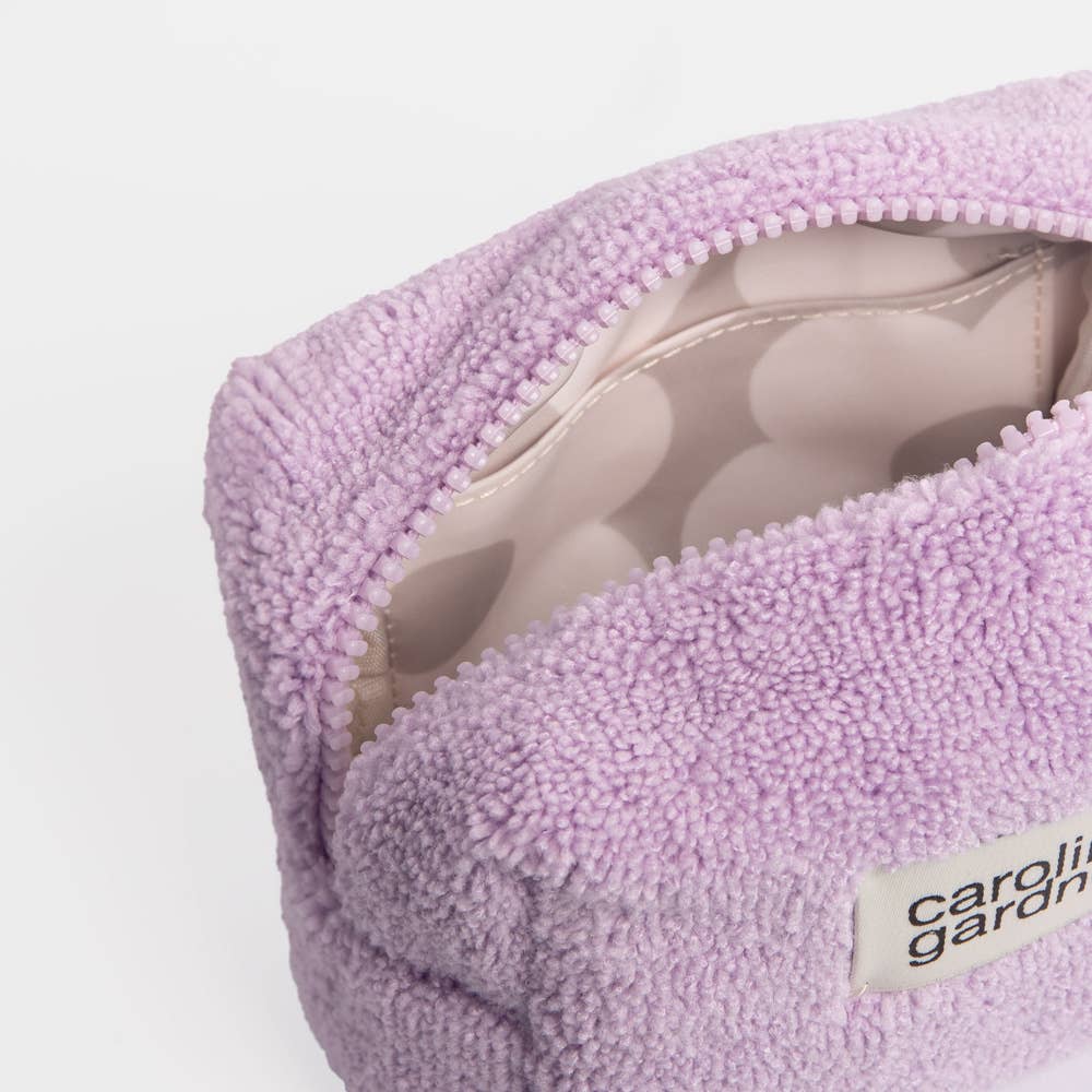 Caroline Gardner Lilac Towelling Mini Cube Cosmetic Bag open zip
