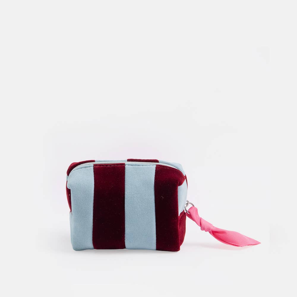 Caroline Gardner mini cube makeup pouch velvet blue and burgundy stripes with ink ribbon zip