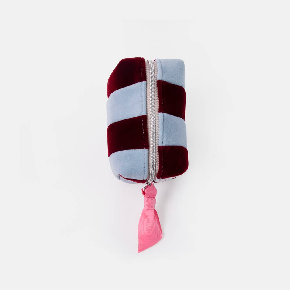 Caroline_gardner_Blue_Wine_stripe_Velvet_ultra-mini_cube_cosmetic_bag top view