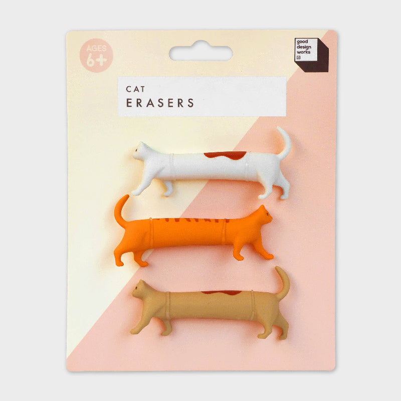 Cat-shaped erasers in packaging with 'good design' label