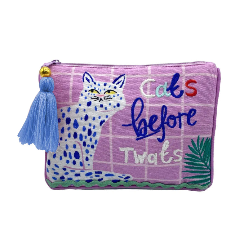 Purple pouch with a cat illustration and text on a white background