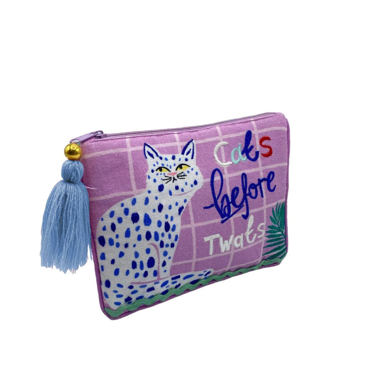 Purple pouch with a cat illustration and text on a white background