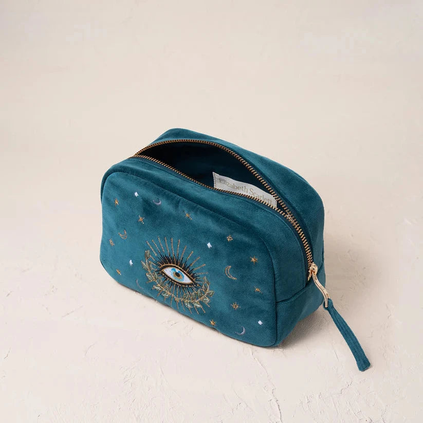 Elizabeth Scarlett Celestial Eye Rich Blue Velvet Makeup Bag open