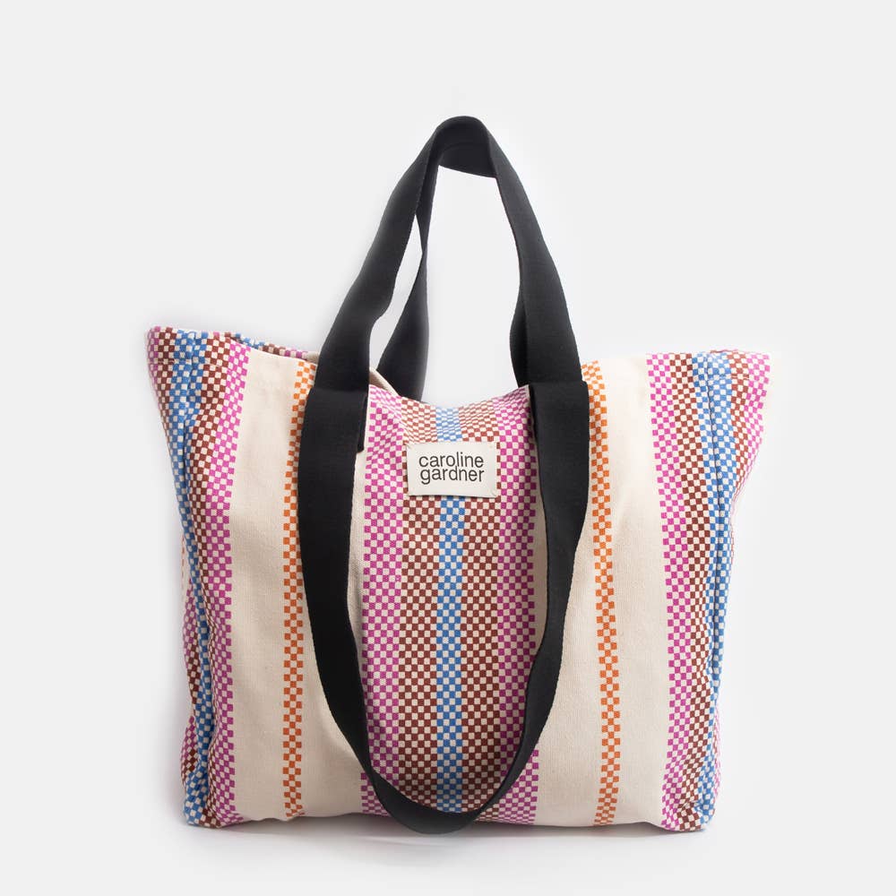 Check Stripe Printed Canvas Large Tote Bag