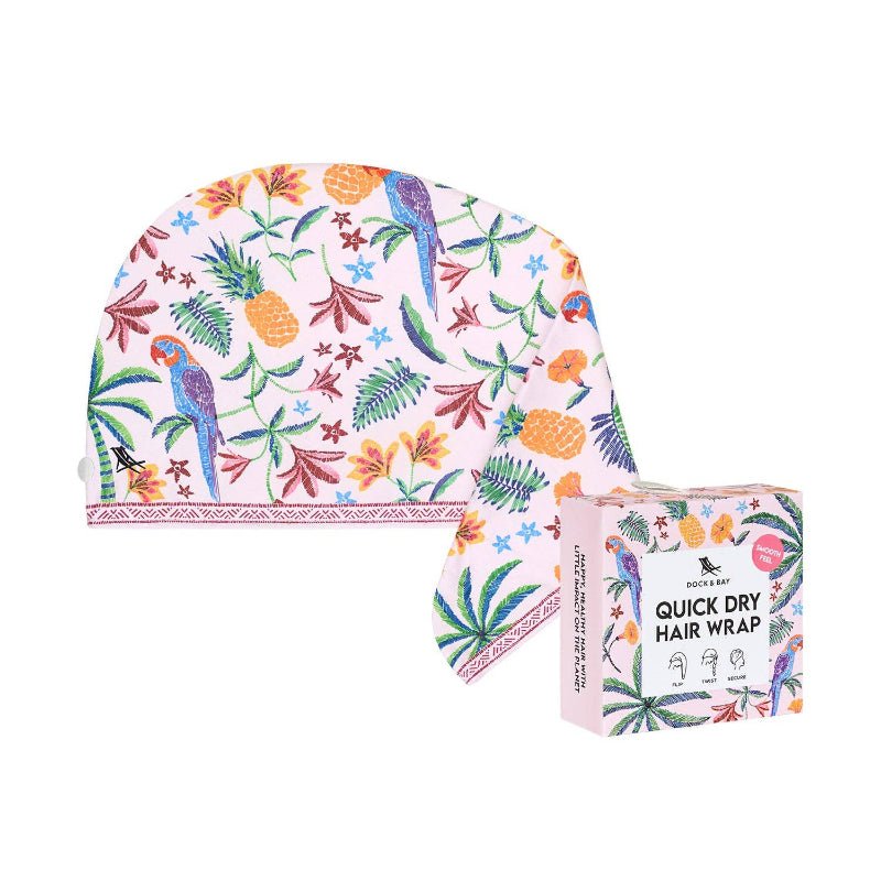 Colorful tropical-themed quick dry hair wrap with packaging on a white background