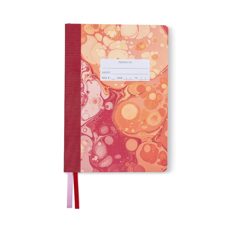 Notebook with a marbled pink and orange cover on a white background