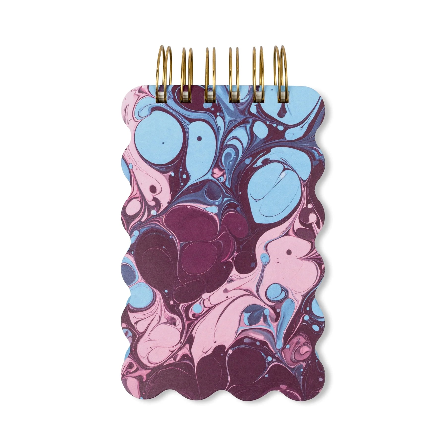Notebook with marbled pink and blue design on a white background