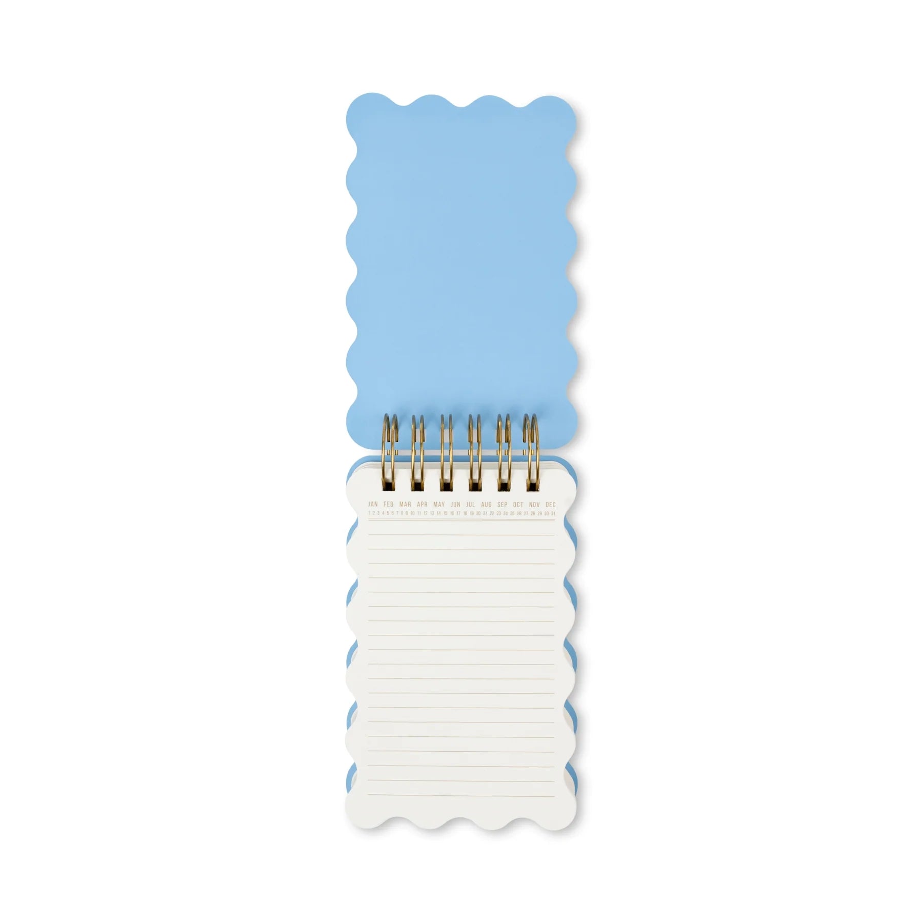 A small spiral-bound notepad with scalloped edges, featuring a light blue cover and lined white pages, shown on a plain white background.