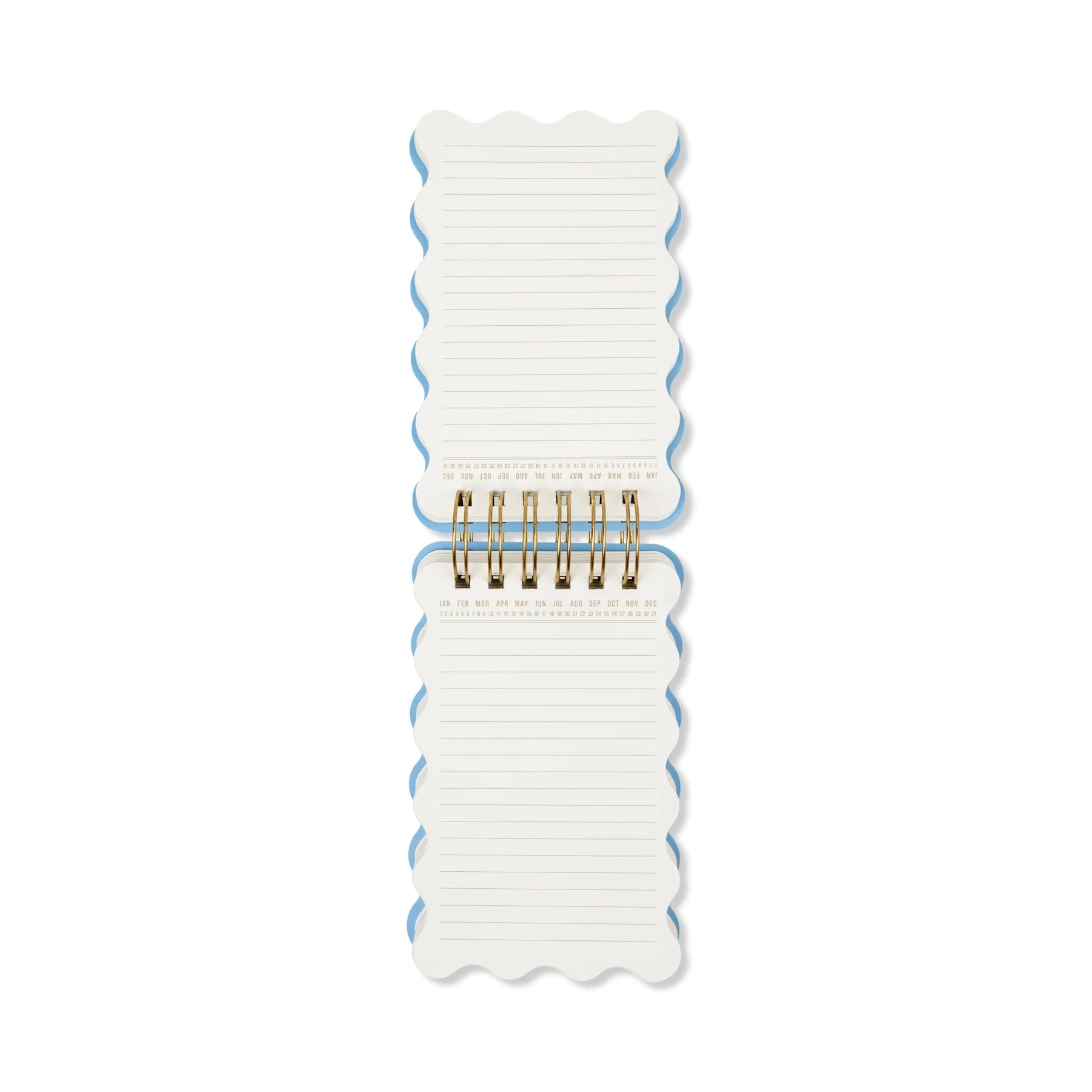 A vertical stack of scalloped-edge lined notepads held together by a gold spiral binder, shown on a plain white background.