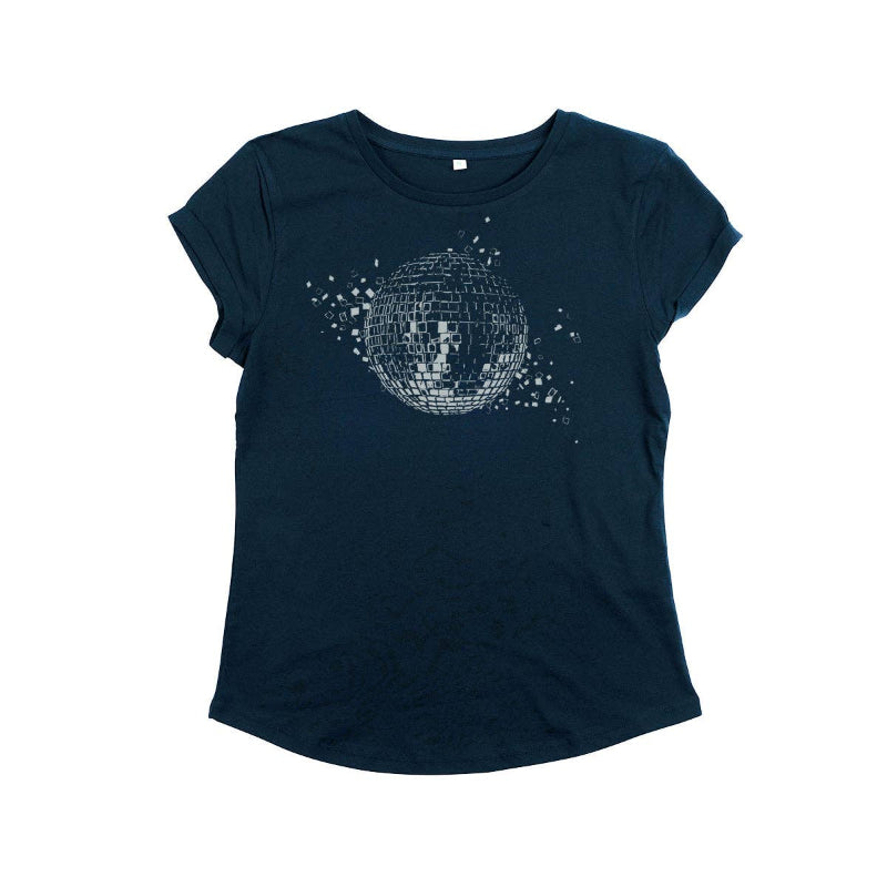Navy blue t-shirt with a disco ball graphic on a white background